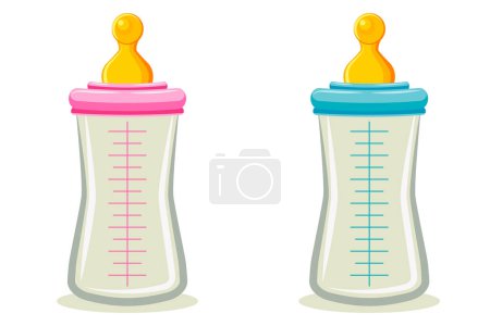 Illustration for Two options for baby feeding bottles. Vector design element in flat style isolated on transparent background. - Royalty Free Image
