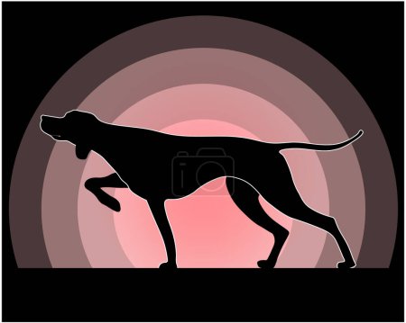 Silhouette of a hunting dog against the background of the sun. Vector illustration in flat style.