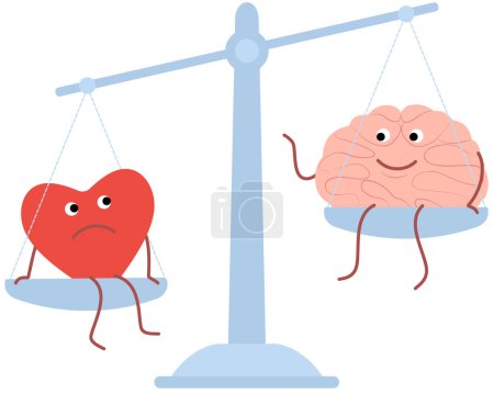 Illustration for The brain and heart as a symbol of the superiority of reason over feelings. Vector characters in flat style. For your design, article. - Royalty Free Image