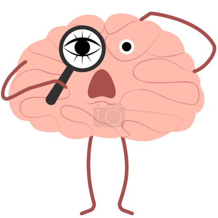 Vector character in flat style. Surprised brain looks through a magnifying glass. Vector illustration of the organs of the central nervous system.