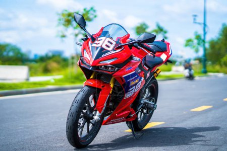 Photo for Ho Chi Minh - MAY 22 2022 - Focus the cbr 150r 2021 motorbike is a motorbike from Honda. Very dashing and colorful. - Royalty Free Image