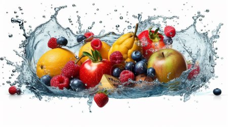 Foto de Frutas y verduras frescas en salpicaduras de agua - Imagen libre de derechos