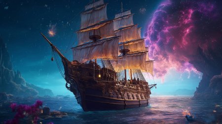 3D-Illustration eines Schiffes mit einem Boot