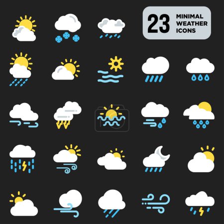 Ilustración de 23 Minimal Weather Icons Colored Vector Illustration, Flat vector symbols on dark background - Imagen libre de derechos