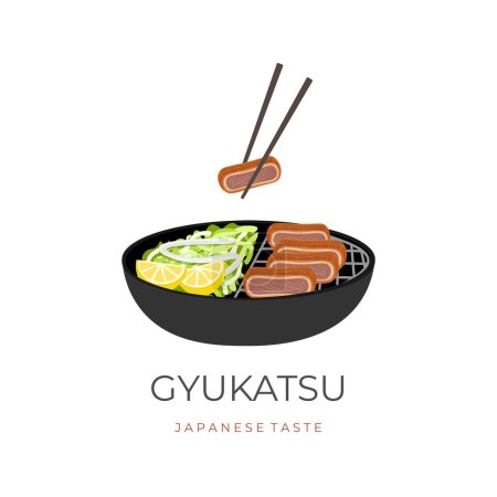 Vector Illustration Logo of Gyu Katsu Or Beef Katsu In A Grilling Pot Ready To Eat With Chopsticks