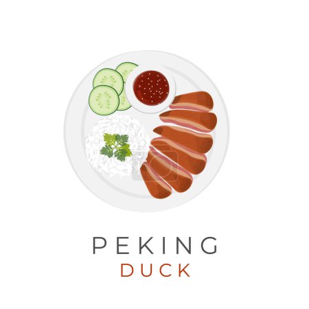 Téléchargez les illustrations : Chinese Peking Duck Vector Illustration Logo Served On A Plate With Rice - en licence libre de droit