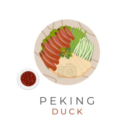 Téléchargez les illustrations : Logo Illustration Vector Of Peking Duck Served On A Wooden Plate And Eaten With Chinese Pancakes Vegetables And Delicious Sauce - en licence libre de droit