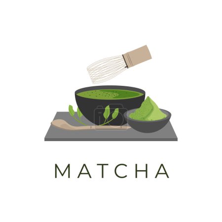 Téléchargez les illustrations : Matcha drink vector illustration logo with powder - en licence libre de droit