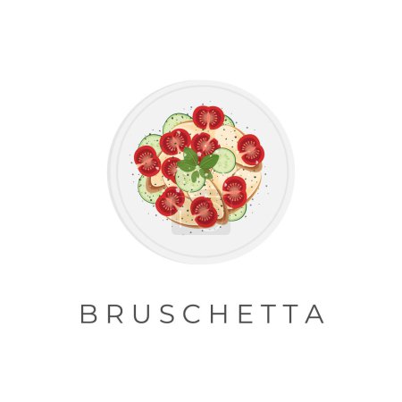 Téléchargez les illustrations : Illustration vectorielle italienne Bruschetta Dish logo avec légumes sur une assiette - en licence libre de droit