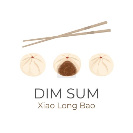 Téléchargez les illustrations : Logo Illustration de chignon farci chinois Xiao Long Bao avec baguettes et farce de boeuf haché - en licence libre de droit