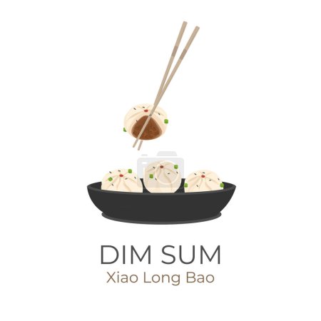Téléchargez les illustrations : Logo Illustration de boulettes chinoises Xiao Long Bao servi dans un bol noir - en licence libre de droit