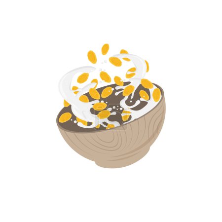 Logotipo de ilustración de cereales de copos de maíz en un tazón de madera
