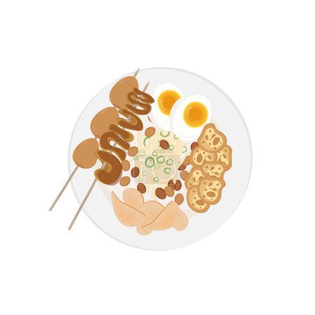Illustration for Illustration logo of chicken porridge with complete topping of quail egg satay and intestinal satay - Royalty Free Image
