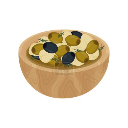 Illustration for Vector illustration of marinating mozzarella cheese balls with olive on a wooden bowl - Royalty Free Image