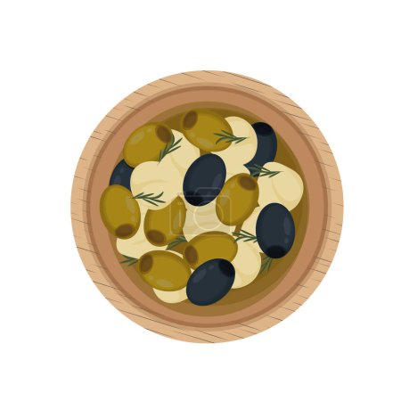 Illustration for Vector illustration of top view marinating mozzarella cheese balls with olive - Royalty Free Image