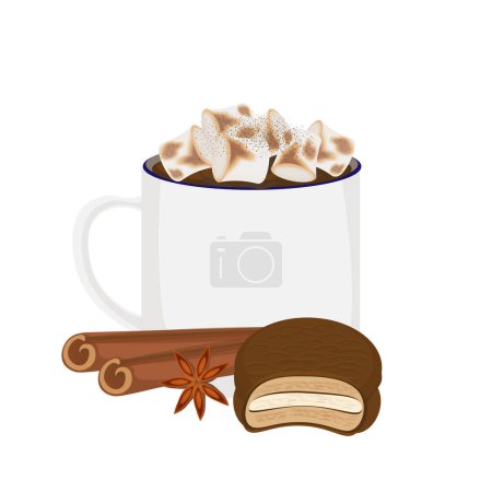 Téléchargez les illustrations : Chocolat chaud chocolat boisson cannelle et choco tarte garniture de guimauve - en licence libre de droit
