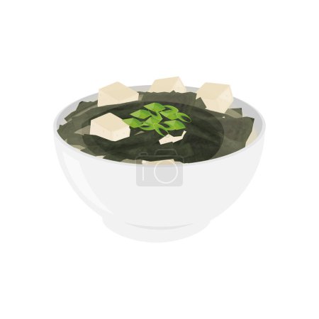 Téléchargez les illustrations : Délicieuse soupe miso japonaise avec illustration vectorielle d'algues logo - en licence libre de droit