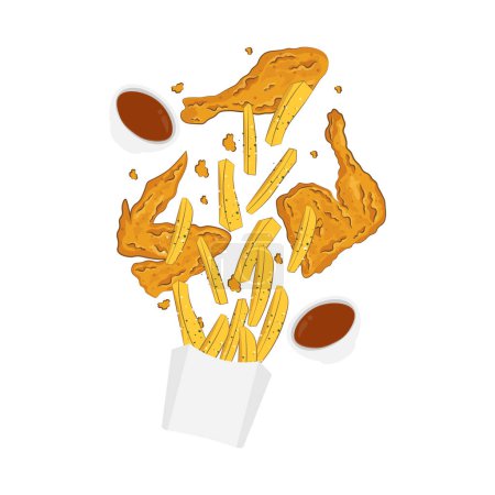 Téléchargez les illustrations : Poulet frit croustillant et frites illustration vectorielle de lévitation logo - en licence libre de droit