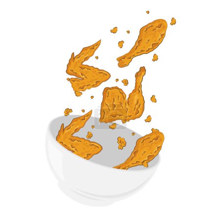 Téléchargez les illustrations : Illustration vectorielle de lévitation de poulet frit croustillant dans un bol - en licence libre de droit