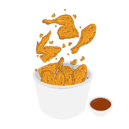 Téléchargez les illustrations : Poulet frit fast food dans un seau vectoriel illustration logo - en licence libre de droit