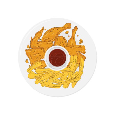 Téléchargez les illustrations : Illustration vectorielle logo de poulet frit vue de dessus et frites - en licence libre de droit
