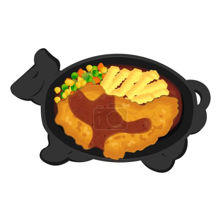 Vector Illustration logo Knuspriges Hühnersteak mit schwarzer Pfeffersoße gebratene Kartoffeln und Gemüse auf einer heißen Platte
