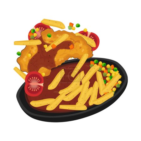 Vector Illustration logo Knuspriges Hühnersteak schwebt auf einer heißen Platte