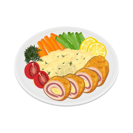 Vector illustration logo Cordon bleu with mashed potatoes and fresh vegetables