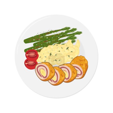 Vector illustration logo Cordon bleu with asparagus vegetables and mashed potatoes