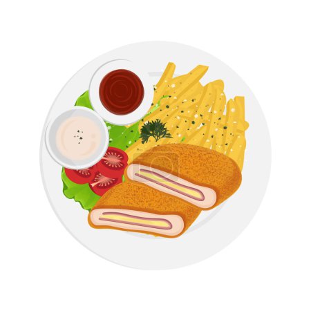 Vector illustration logo Top View Fried Chicken schnitzel or Chicken cordon bleu with French fries 