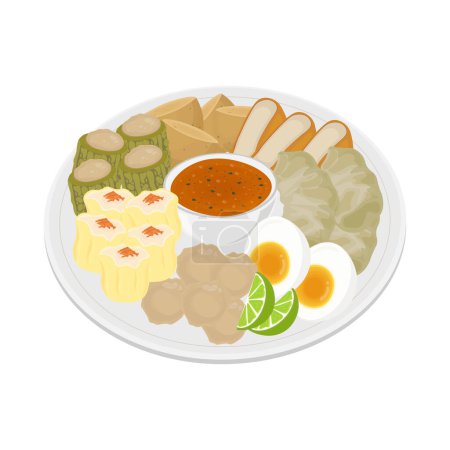 Logotipo de ilustración vectorial de albóndigas siomay con varios tipos de rellenos y salsa de maní separada