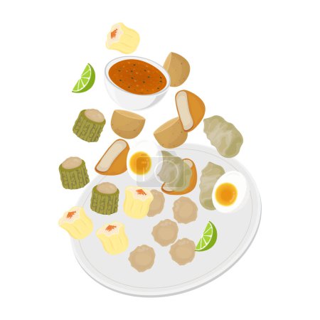Logotipo ilustración vector levitación de Siomay o albóndigas con salsa de maní separada