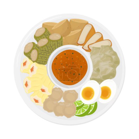 Logo ilustración vector Vista superior Indonesia alimentos siomay con salsa de cacahuete separada