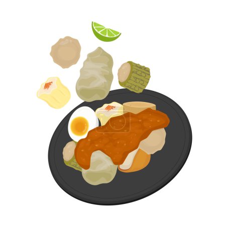 Logotipo ilustración vector levitación de Siomay o albóndigas con salsa de maní