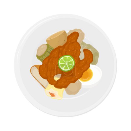 Vektorillustration Logo von Draufsicht Indonesisches Essen Siomay mit Erdnusssoße