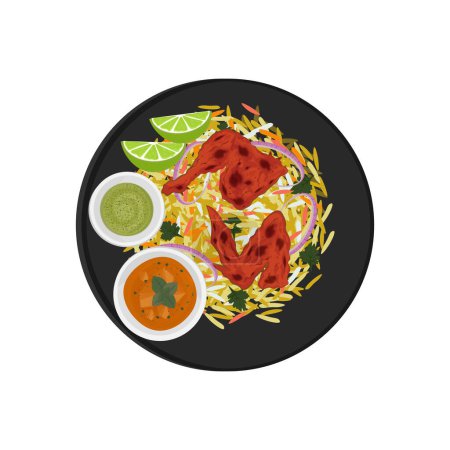 Vector illustration logo top view biryani rice with chicken tandoori