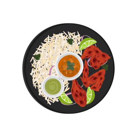 Vector illustration logo top view basmati rice with chicken tandoori