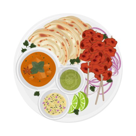 Ilustración de Vector logo ilustración Top View Paratha con pollo indio tikka kebab o pollo tandoori - Imagen libre de derechos