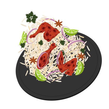 Vector illustration logo levitation basmati rice with chicken tandoori