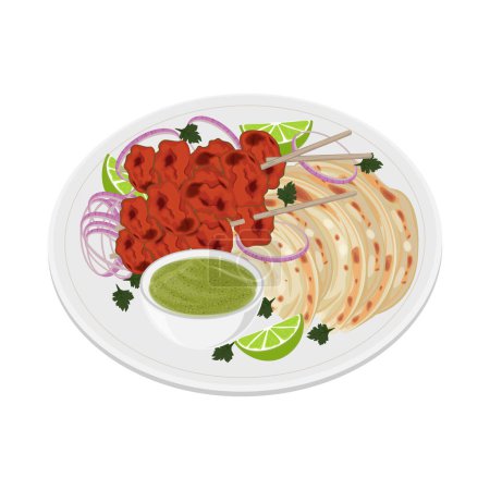 Vector illustration logo Paratha with Indian chicken tikka kebab or chicken tandoori