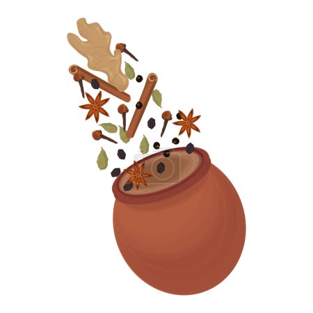 Illustration for Vector illustration logo Desi kullad tea with herbs - Royalty Free Image