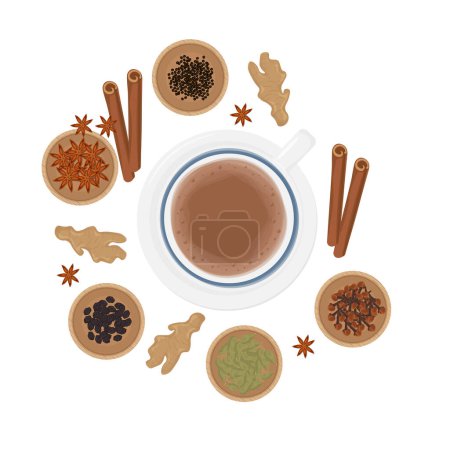 Illustration for Vector illustration logo Indian chai or Karak Milk Chai indian tea with various herbs - Royalty Free Image
