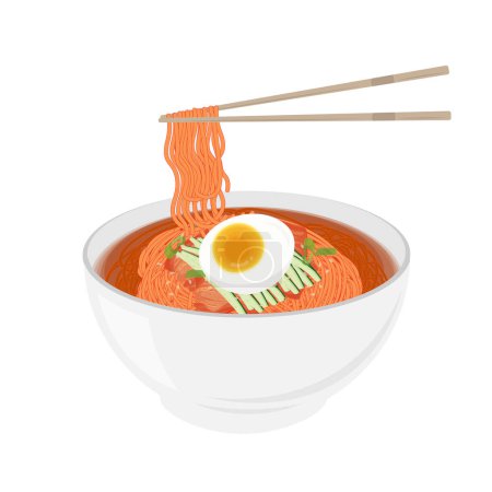 Téléchargez les illustrations : Vector Illustration logo Bibim Guksu nouilles froides épicées coréennes avec baguette - en licence libre de droit