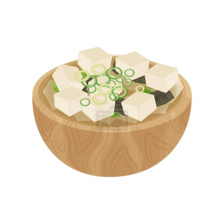 Vector illustration Japanese miso soup on a wooden bowl
