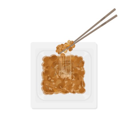 Logo Vektorillustration von Top View Natto oder japanischer fermentierter Sojabohne mit Essstäbchen 