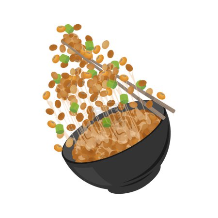 Logotipo Vector ilustración de levitación natto o soja fermentada japonesa con palillo 