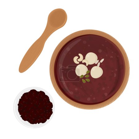 Vector illustration logo Top view korean Red Bean Porridge patjuk on a wooden bowl