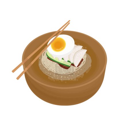 Vector Illustration logo Koreanische Lebensmittel Kalte Buchweizen Nudeln Naengmyeon mit Essstäbchen