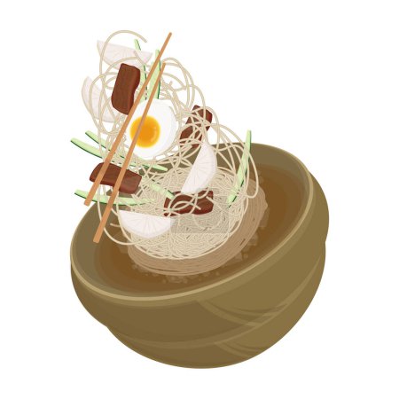 Illustration vectorielle logo lévitation Mul Naengmyeon ou nouilles froides coréennes