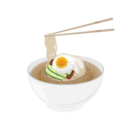Illustration vectorielle logo Prêt à manger Mul Naengmyeon ou nouilles froides coréennes